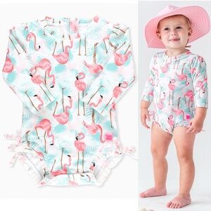 Rufflebutts Flamingo 🦩 Rashguard Infant Swimsuit with Sun Hat